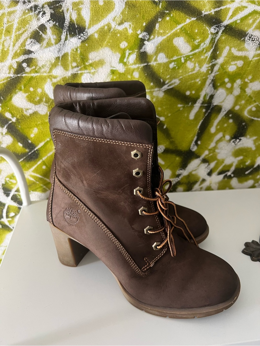 Timberland Women's Dark Brown Leather Lace-Up Block Heel Ankle Boots